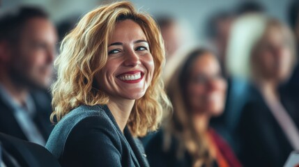 Fototapeta premium Happy businesswoman smiling at conference with diverse group of professionals in the background