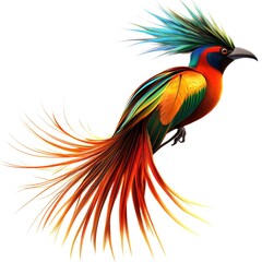 Fototapeta premium Vibrant colorful bird with long tail feathers, isolated on white background. Generative ai