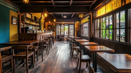 Comfortable Asian Retro Restaurant with Vintage Interior Design and Empty Wooden Tables, Bar and Chairs in Historic City Hall.