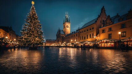 Fototapeta premium Festive Christmas Market with Illuminated Tree in Historic Square