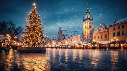 Obraz premium Enchanting Winter Scene with Christmas Market and Snowfall