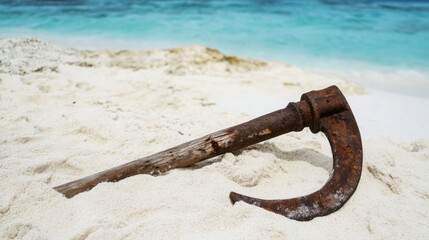 Ancient harpoon resting on sandy beach, partially buried with weathered wooden handle and rusted metal tip, evoking historical maritime heritage and archaeological significance.