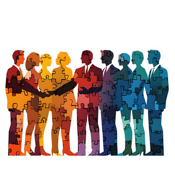 recommend clip art: Diverse Business Professionals Collaborating, Symbolizing Teamwork and Unity. Silhouettes of diverse business people in suits, their figures composed of colorful puzzle pieces, are shown shaking hands