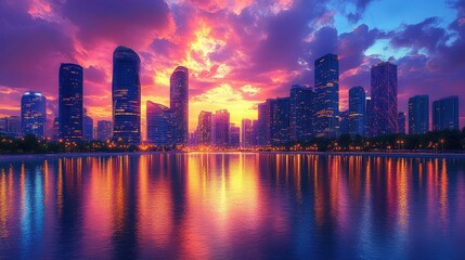 Obraz premium A vibrant city skyline at sunset reflected in water, showcasing urban beauty and tranquility.