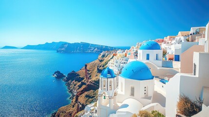 Obraz premium Stunning Santorini Seaside View with Blue Domes and Clear Sky