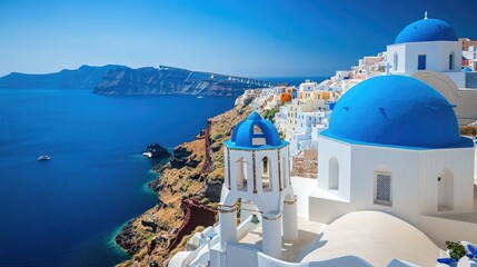 Obraz premium Breathtaking View of Santorini with Blue Domes and Crystal Waters