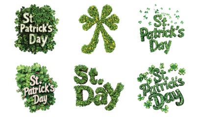 Pack 3D Text "St. Patrick's Day" on Leaf Clovers set against transparent background