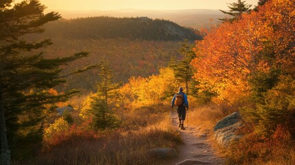 Obraz premium Hiker makes their way up a scenic autumn trail surrounded by colorful trees and golden light in the early evening