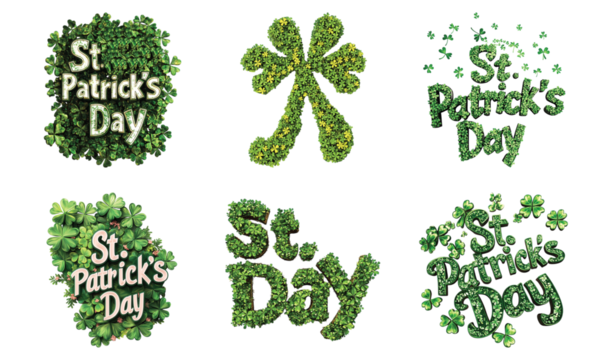 Pack 3D Text "St. Patrick's Day" on Leaf Clovers set against transparent background
