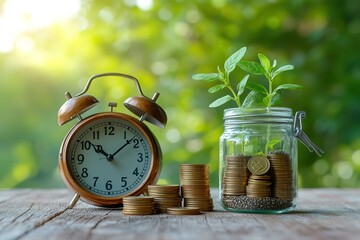 A clock and a jar of coins sit on a wooden table, concept of "time is money"