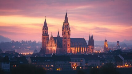 Obraz premium Majestic Cathedral Silhouette Against Colorful Twilight Sky