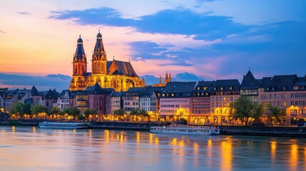 Obraz premium Stunning Sunset Over the Rhine River with Beautiful Cathedral View