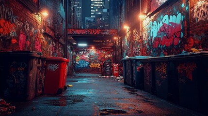 A grungy alleyway with graffiti-covered walls, trash cans, and dramatic lighting, illustrating the artistic underbelly of city life
