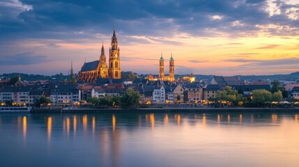 Obraz premium Scenic Sunset View of Historic City Skyline by the Riverbank