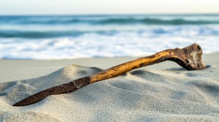Ancient harpoon resting on sandy beach, partially buried with weathered wooden handle and rusted metal tip, evoking historical maritime heritage and archaeological significance.