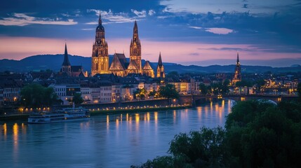 Naklejka premium Scenic Twilight View of Mainz City Skyline By the River Rhine