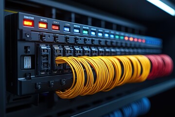 A black box with many yellow and red wires coming out of it