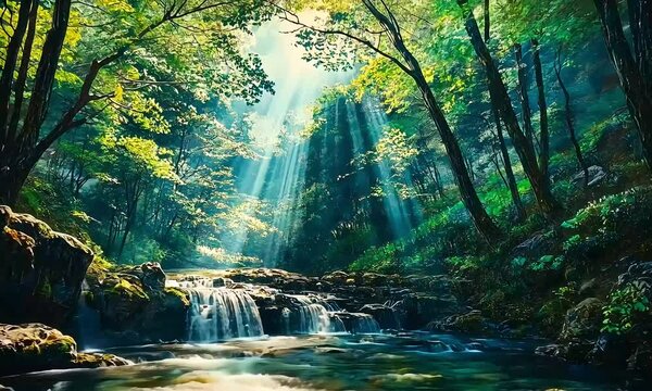 Kikuchi Valley Waterfall Bathed in Sunbeams, Surrounded by Lush Forest in Japan
