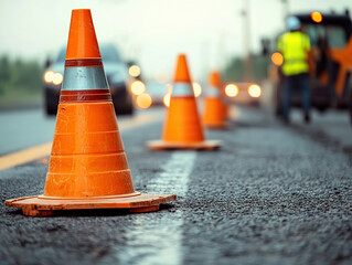 Road construction with orange traffic cones guiding vehicles safely. scene captures importance of safety measures during roadwork, highlighting cones visibility and blurred motion of passing cars