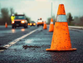 Road construction scene with orange traffic cones and vehicles in background, indicating ongoing work and safety measures