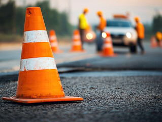 Road construction scene with orange traffic cones and workers nearby, creating busy atmosphere