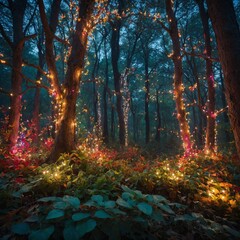 A whimsical fairy tale forest with multicolored leaves and sparkling lights.