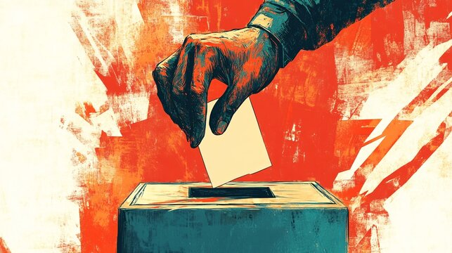 Hand putting voting card into the ballot box. Concept of elections.