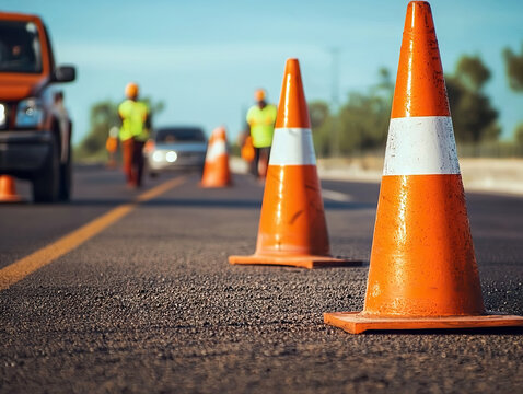 Road construction with orange traffic cones and workers in safety vests