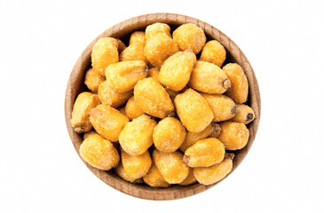 Roasted salted corn nuts in wooden bowl, isolated on white background.