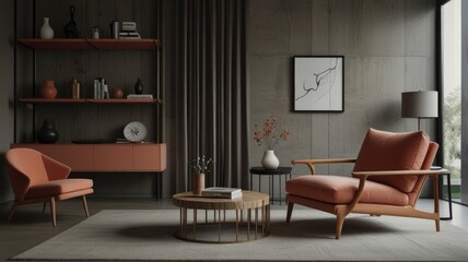 Modern living room with a coral armchair, clean minimalist shelving, and abstract wall art in a Japandi-inspired design