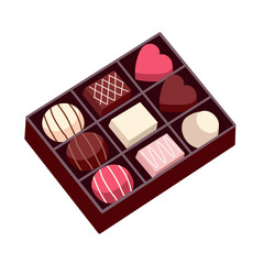 Sweet chocolate box gift dessert in flat design on white background vector illustration.
