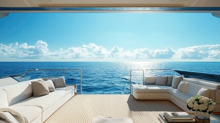 Fototapeta premium Serene Yacht Interior Overlooking Tranquil Ocean and Sky View