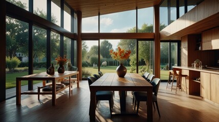 Obraz premium Modern open-plan dining and living area with wooden accents, contemporary furniture, and large windows overlooking a garden