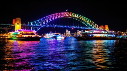 Obraz premium Vibrant Night View of Sydney Harbour Bridge with Colorful Boats