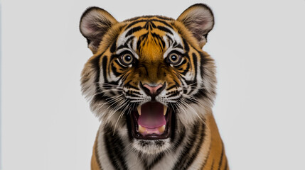 Obraz premium Portrait of a tiger with open mouth, isolated against a white background
