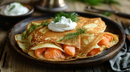 Delicious Crepes Filled with Fresh Salmon and Creamy Topping