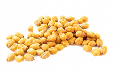 Roasted salted corn nuts, isolated on white background.
