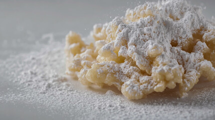Powdered sugar-coated funnel cake on a white background, delicious dessert isolated