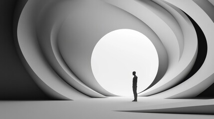 Obraz premium A lone figure stands in a surreal, swirling architectural space with a bright circular opening, AI