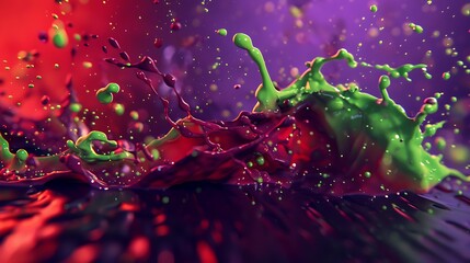 Bright red and green paint splashes colliding against a deep purple background, captured in high-speed detail.