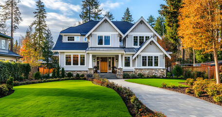 Beautiful modern two-story house with landscaped garden and pathway in a serene neighborhood