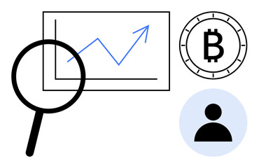 Magnifying glass highlighting upward financial chart, Bitcoin symbol, and user profile. Ideal for cryptocurrency analysis, financial growth, investment strategies, market research, data analysis