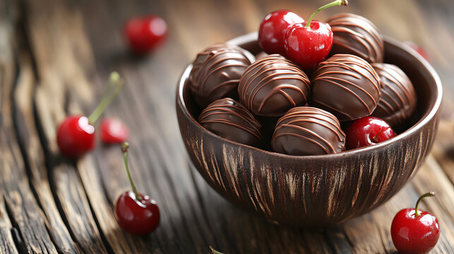 Indulgent Delight: A Bowl of Cherry Rothman Truffles Drenched in Rich Chocolate Exquisite in Presentation