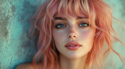 Fototapeta premium Young woman with pink hair and striking blue eyes poses against a textured wall in soft lighting. Generative AI