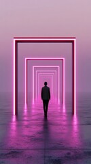 A person walks through glowing pink arches in a surreal, misty landscape, AI