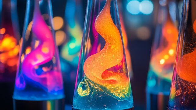 Close-up of colorful lava lamps with vibrant, swirling wax.