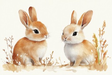Two cute rabbits sitting in a natural setting with soft colors and gentle details.