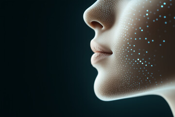 Obraz premium Close-up of a woman's face with glowing digital dots, symbolizing advanced AI technology and facial recognition in a futuristic context