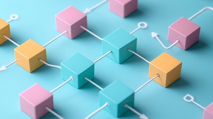 business scaling concept. Colorful blocks connected by lines on a blue background.