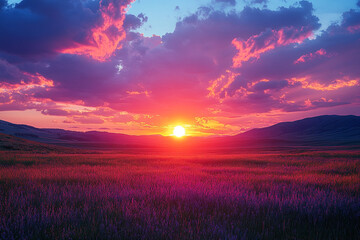 Fototapeta premium Vibrant Sunset Over Rolling Hills And Lavender Field